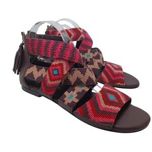Laidback London Handmade Beaded Leather Gladiator Sandals Tassel Brown Red Multi
